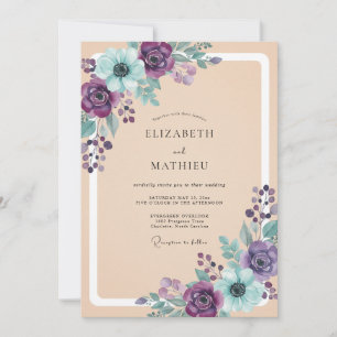 Invitation Mariage Fleur Éthérée Violet Turquoise