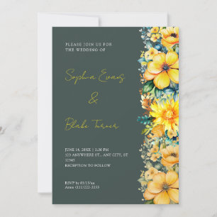 Invitation Mariage Fleur Jaune Bohème Vert Foncé