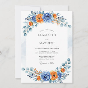 Invitation Mariage Fleur Romantique Bleue Orange