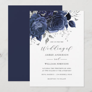 Invitation Mariage Fleur Rose Argent Navy  