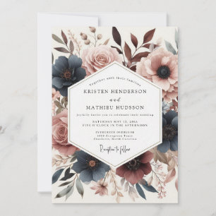 Invitation Mariage Fleur Rose Poussiéreuse Bleu Canard Profon
