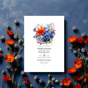 Invitation Mariage Fleur Royal Bleu et Tomate Cerise
