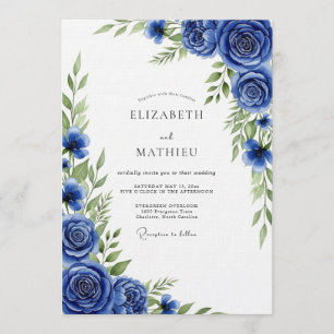 Invitation Mariage Fleur Royale Bleue Peinte