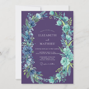 Invitation Mariage Fleur Sauvage Améthyste Cyan Feuillu