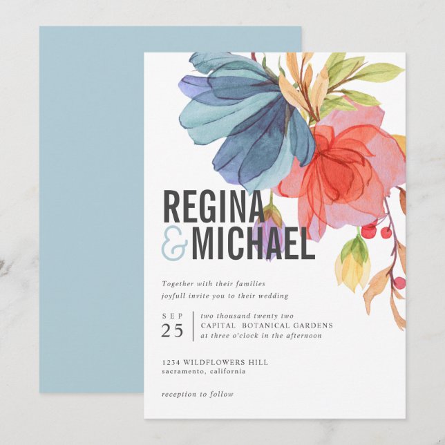 Invitation Mariage Fleur sauvage Aqua (Devant / Derrière)