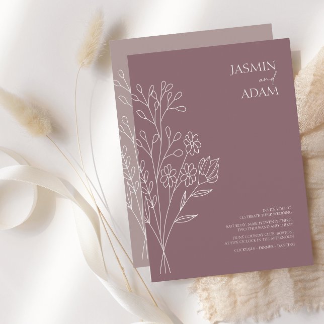 Invitation Mariage Fleur sauvage blanc à prune minimale (Créateur téléchargé)
