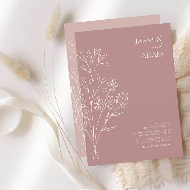 Invitation Mariage Fleur sauvage blanc Rose minimal (Créateur téléchargé)