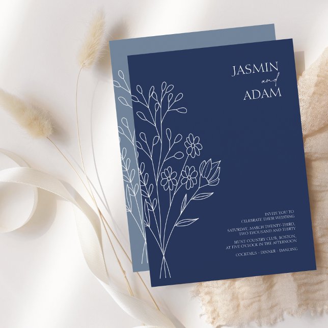 Invitation Mariage Fleur sauvage bleu bleu de la marine (Créateur téléchargé)