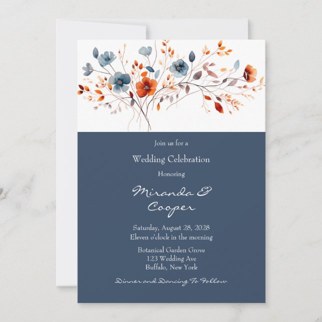 Invitation Mariage Fleur sauvage bleu et orange (Devant)