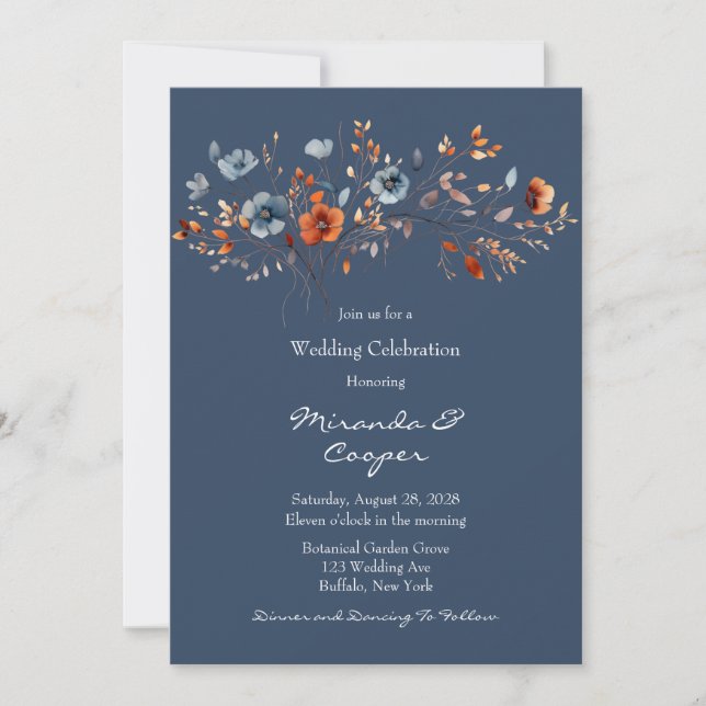 Invitation Mariage Fleur sauvage bleu et orange (Devant)