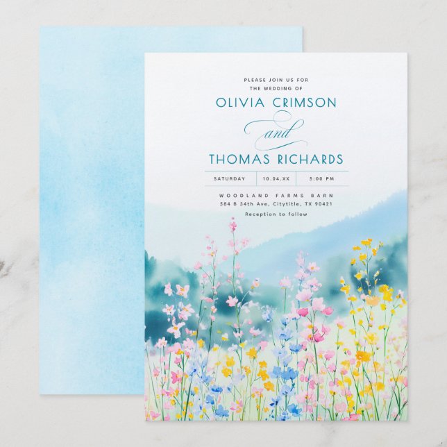 Invitation Mariage Fleur sauvage bleu foncé rose et jaune (Devant / Derrière)
