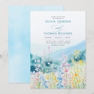 Invitation Mariage Fleur sauvage bleu foncé rose et jaune