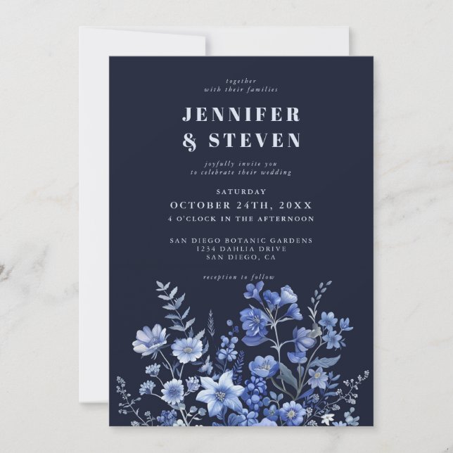 Invitation Mariage Fleur sauvage bleu marine enchanté (Devant)