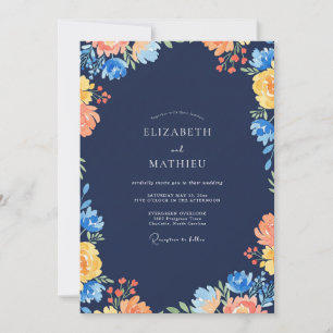 Invitation Mariage Fleur Sauvage Bleu Marine Ocre
