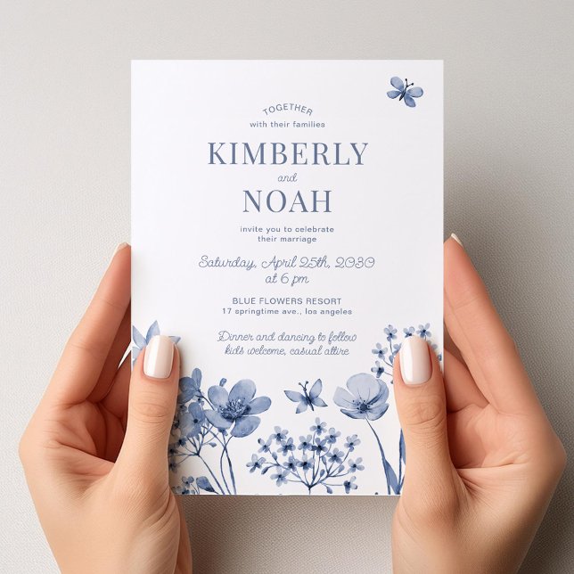 Invitation Mariage fleur sauvage bleu moderne (Créateur téléchargé)