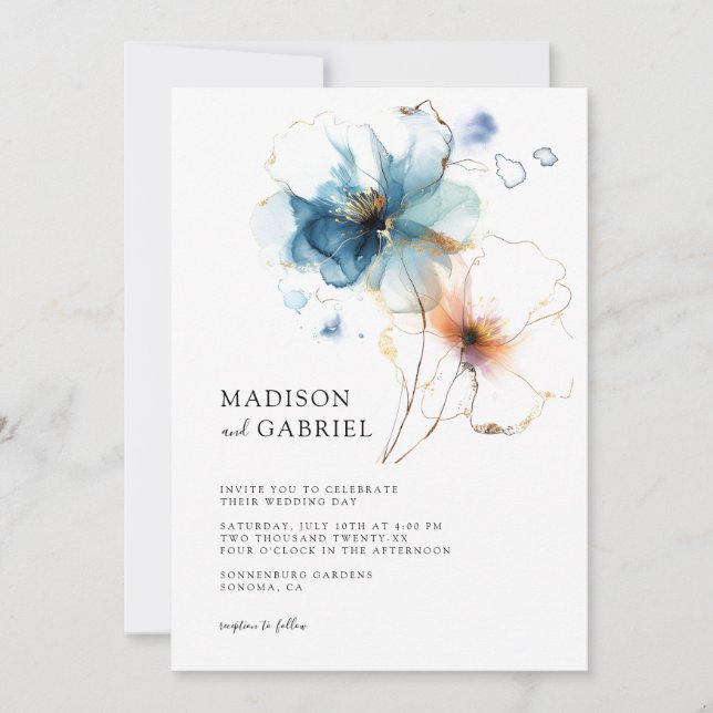 Invitation Mariage Fleur sauvage bleu moderne (Devant)