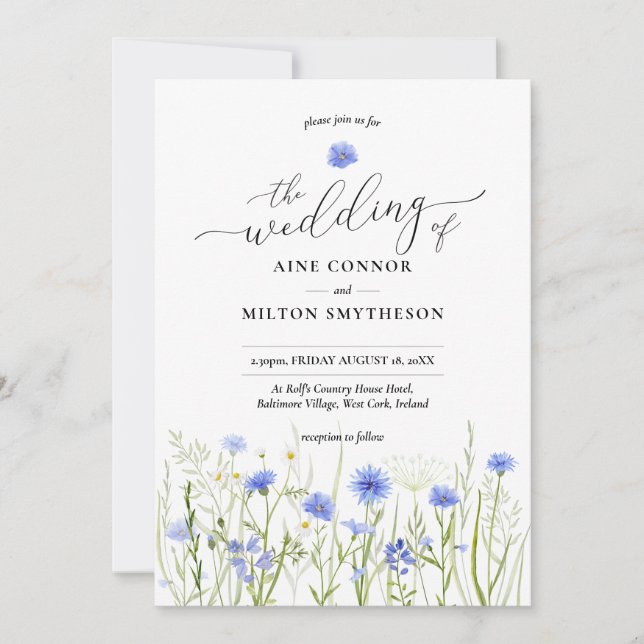 Invitation Mariage fleur sauvage bleu, police gracieuse, flor (Devant)
