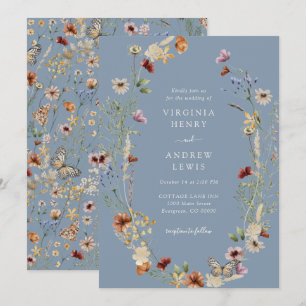 Invitation Mariage Fleur Sauvage Bleu Poussiéreux