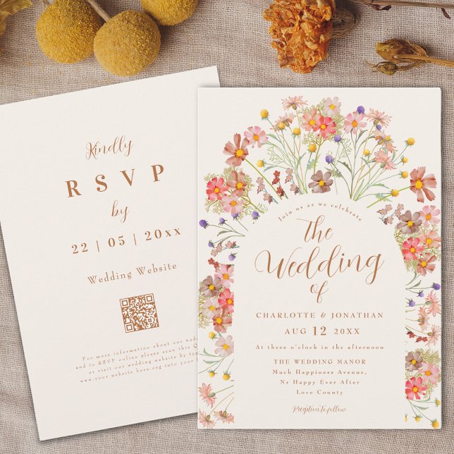 Invitation Mariage Fleur sauvage Boho Fall (Boho fall Wildflower floral arch elegant script Wedding invitation terracotta burnt orange beige )