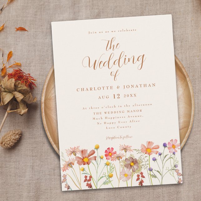 Invitation Mariage Fleur sauvage Boho Fall (Boho fall Wildflower meadow terracotta burnt orange Wedding invitation with elegant script )