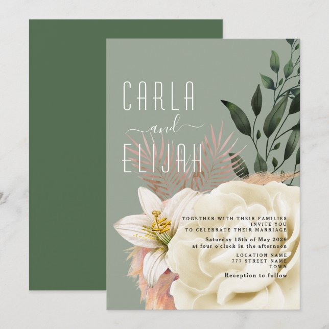 Invitation Mariage Fleur sauvage Boho Sage Green (Devant / Derrière)