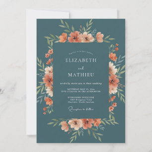 Invitation Mariage Fleur Sauvage Corail Ardoise