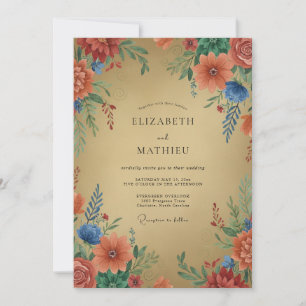 Invitation Mariage Fleur Sauvage Corail Doré