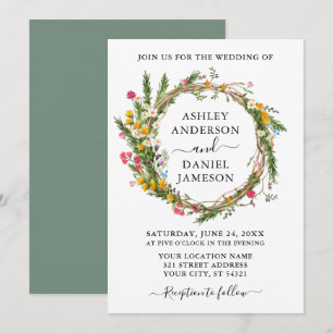 Invitation Mariage Fleur sauvage d'aquarelle vert de couronne
