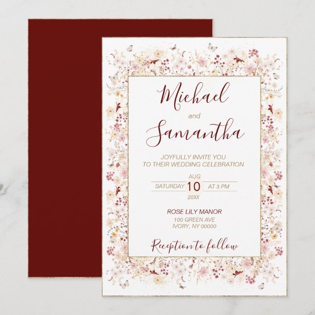 Invitation Mariage Fleur sauvage de Bourgogne et Blush (Devant / Derrière)