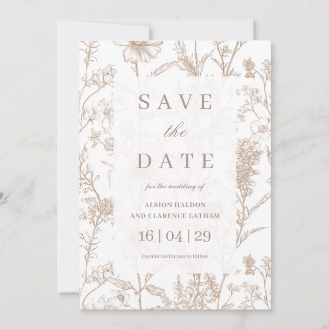 Invitation Mariage Fleur sauvage de Chinoiserie beige Enregis (Devant)