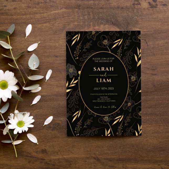 Invitation Mariage Fleur sauvage de luxe Black & Gold Anemone (Créateur téléchargé)