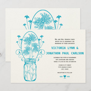 Invitation Mariage Fleur sauvage Die Cut Aqua Blue Mason Jar