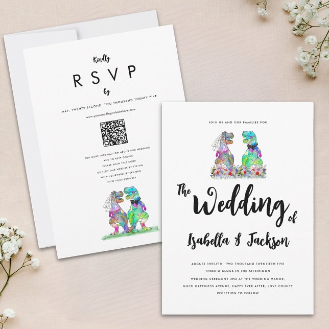 Invitation Mariage Fleur sauvage Dinosaur Bride et Groom Boho (Fun dinosaur bride and groom boho wildflower wedding invitation qr code colorful watercolor florals)