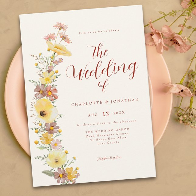 Invitation Mariage Fleur sauvage Elegant Boho (Boho chic wildflower yellow burnt orange peach wedding invitation )