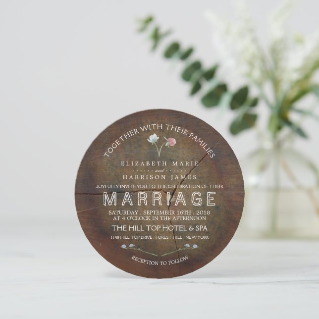 Invitation Mariage fleur sauvage en bois de chêne (Debout devant)