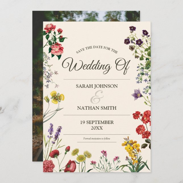 Invitation Mariage fleur sauvage Enregistrer la date avec une (Devant / Derrière)