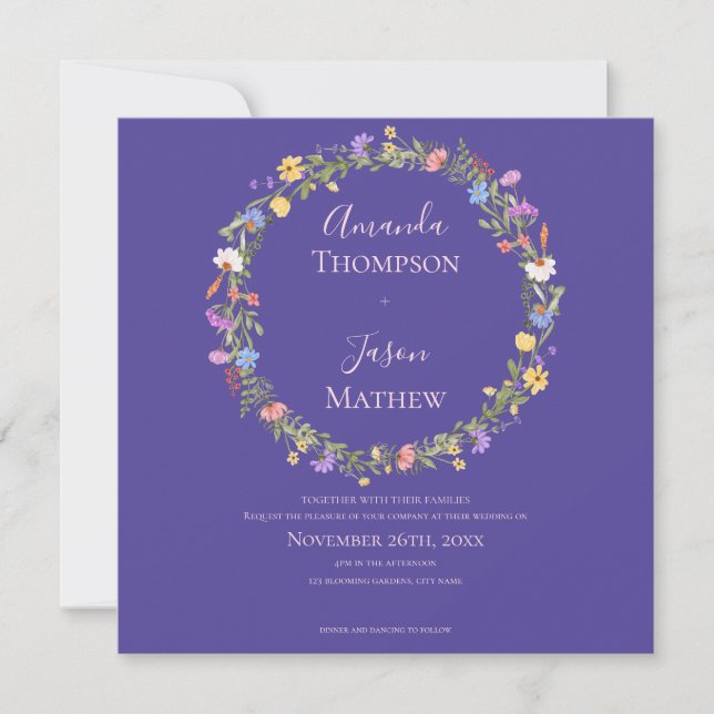 Invitation Mariage fleur sauvage Floral Bleu Et Violet (Devant)