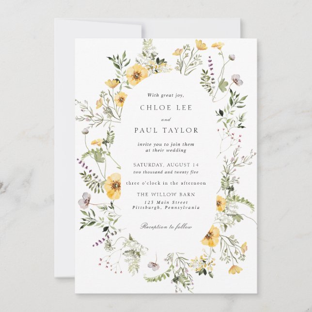 Invitation Mariage fleur sauvage Jaune élégant cadre (Devant)