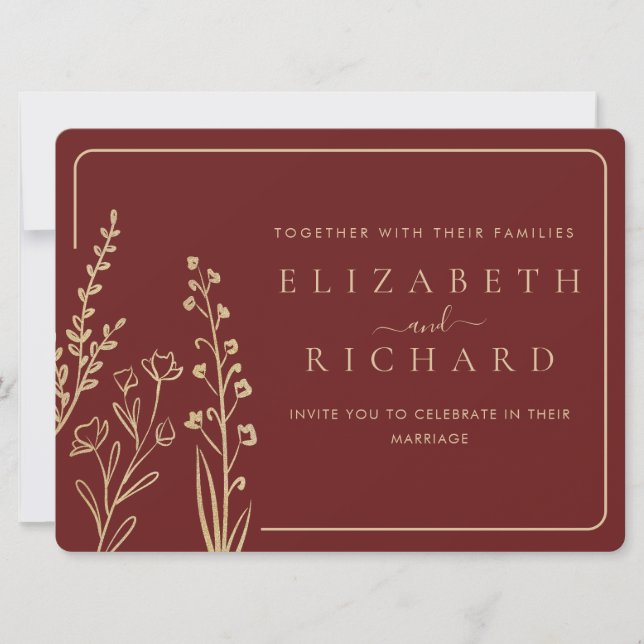 Invitation Mariage Fleur sauvage minimaliste Elegant Or Bourg (Devant)