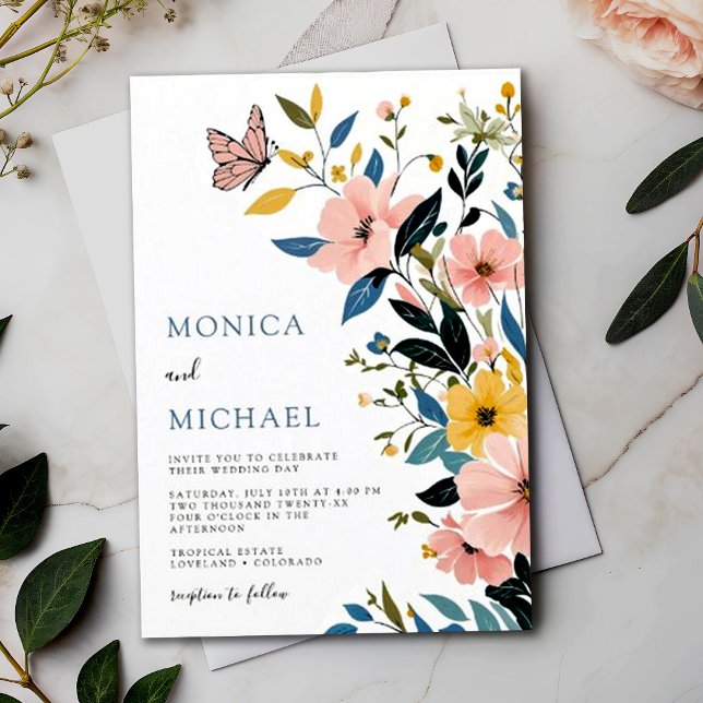 Invitation Mariage Fleur sauvage moderne bleu et Rose Floral (Créateur téléchargé)