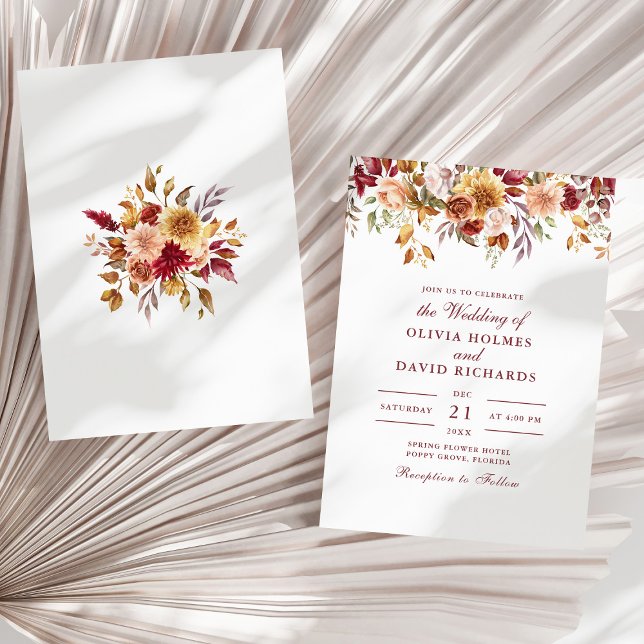 Invitation Mariage Fleur sauvage moderne Burange Orange (Modern Burnt Orange Terracotta Wildflowers Wedding Invitation on a sunny neutral dry palm leaf.)