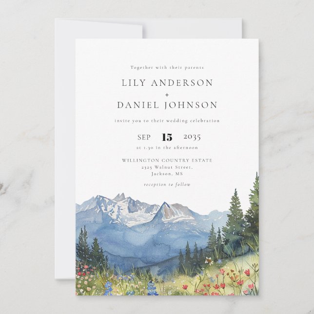 Invitation Mariage Fleur sauvage moderne Watercolor Mountain (Devant)