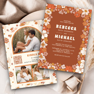 Invitation Mariage Fleur Sauvage Rétro Groovy Orange Terracot