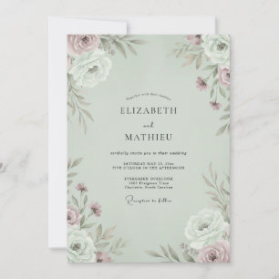 Invitation Mariage Fleur Sauvage Rose Poussiéreux Céladon
