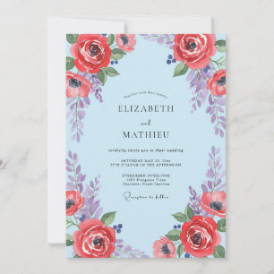 Invitation Mariage Fleur Sauvage Rouge Azur