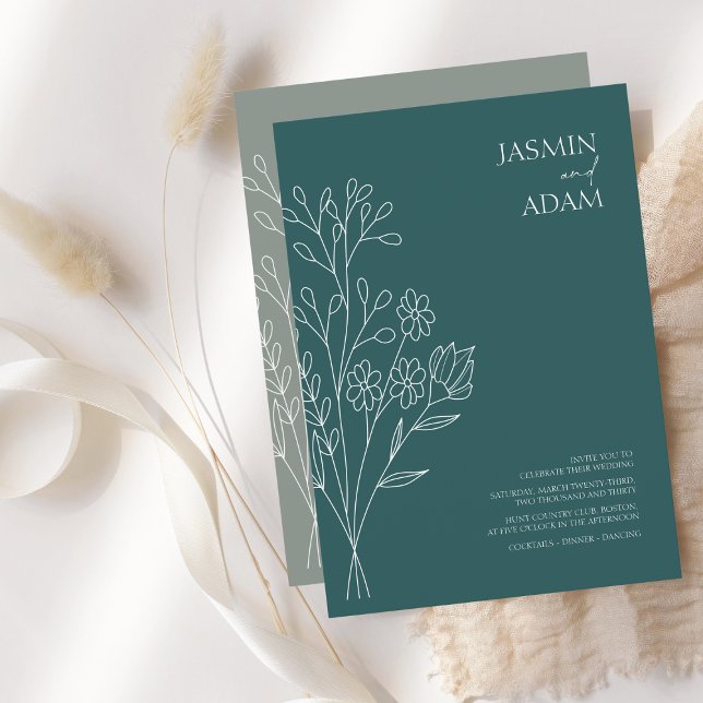Invitation Mariage Fleur sauvage vert émeraude minimal (Créateur téléchargé)