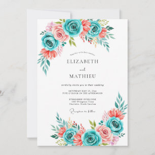 Invitation Mariage Fleur Teal Corail de Style Pictural