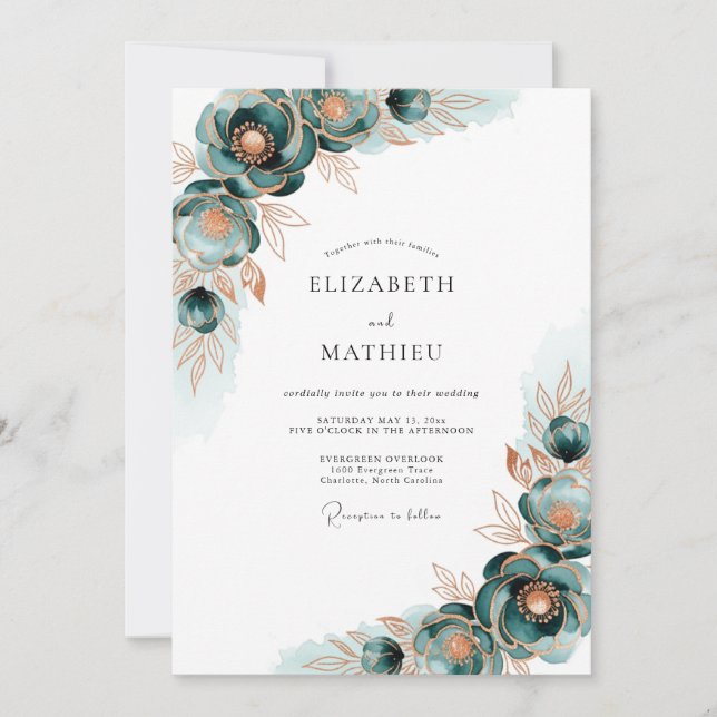Invitation Mariage Fleur Teintée de Vert (Devant)