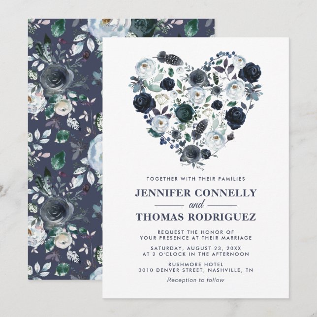 Invitation Mariage Fleural à l'Aquarelle Bleu Rustique (Devant / Derrière)