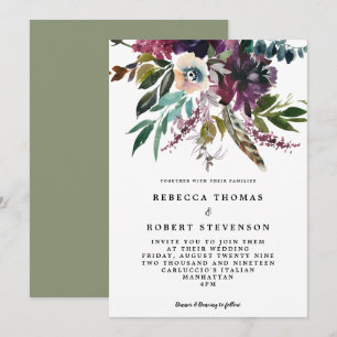 Invitation mariage fleuri fleuri à plumes pourpres boho
